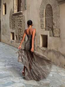 Đầm hè cổ yếm họa tiết da báo, sang trọng, gợi cảm, thích hợp cho tiệc tùng, mặc hàng ngày và hẹn hò. - màu nâu - Xem 3