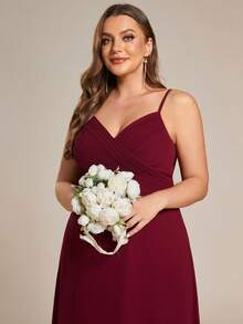EVERPRETTY Elegant V-Neck Ruched Bust Burgundy Bridesmaid Dress, Long Gown For Spring - Burgundy - View 6