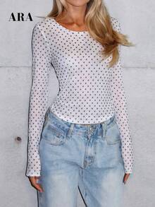 ARA CHIC Women's Black & White Polka Dot Blouse, Casual Comfortable Long Sleeve T-Shirt Layering, Beach Wear, 2026 Spring New Arrival - Black and White - View 2