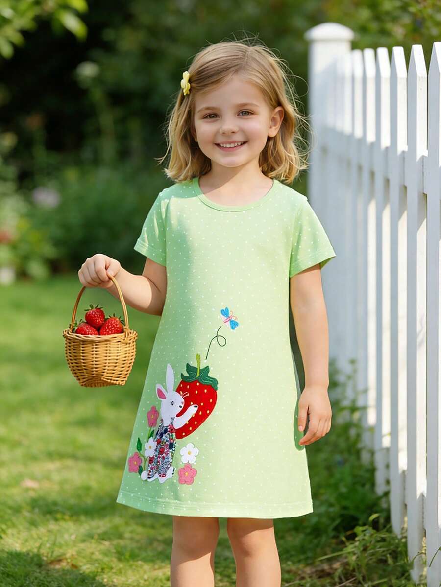 Young Girls Easter Dress, Summer Short Sleeve Cartoon Rabbit & Strawberry Random Print Comfortable Casual Mid-Length Dress - Mint Green - View 1