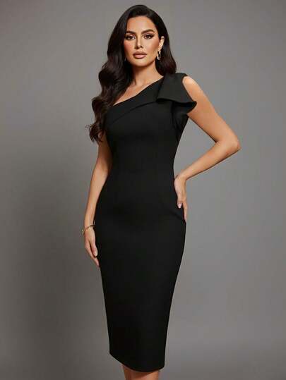 Solid Color Elegant Formal Evening Party Dress With Zipper Slit And Bow Tie