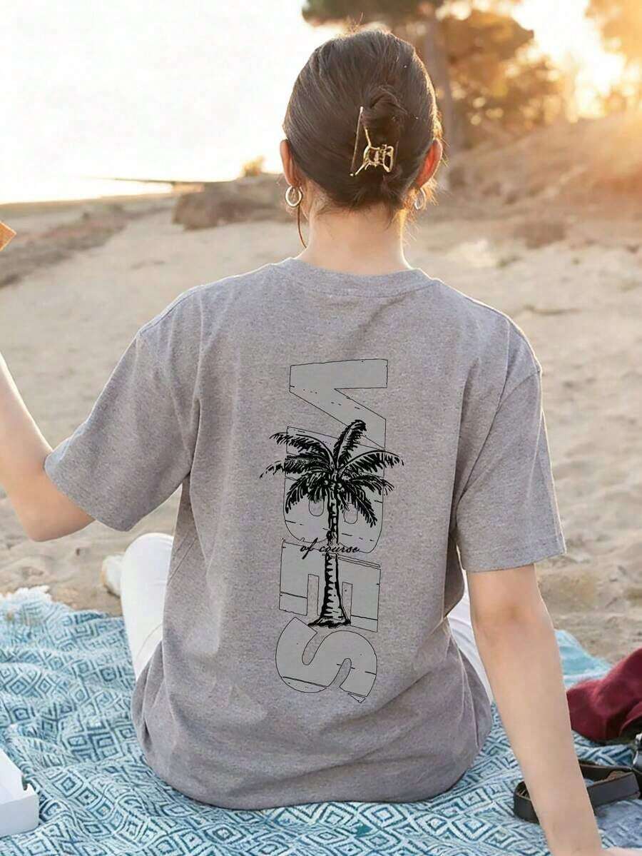 Summer TopsWomen's Minimalist Coconut Tree Slogan Print Casual Round Neck Short Sleeve T-Shirt, Simple & Versatile, Suitable For Daily & Holiday Wear - 灰色 - 查看 1