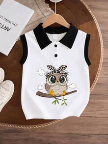 Girls' Casual Cute Rainbow & Ditsy Floral Polo Collar Vest, New Spring/Summer Style Girls' Camisole - White - View 3