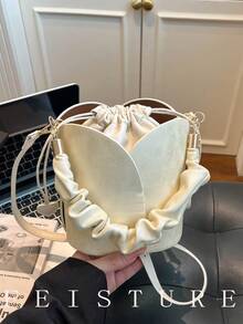 1pc Ruched Drawstring Bucket Bag, Fashionable Solid Color PU Fabric Shoulder Crossbody Bag, Suitable For Girls, Women, College Students, Young Professionals, Great For Work, Business, Commute, School - Beige - View 3
