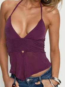 Women's Solid Color Versatile Halter Top, Women's Everyday Commuter Backless Halter Top With A Slim Fit And Irregular Hem. - Red Violet - View 1