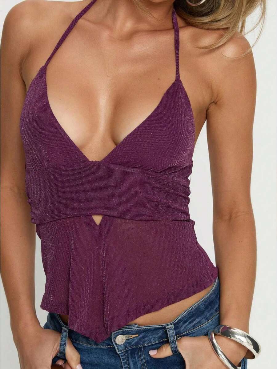 Women's Solid Color Versatile Halter Top, Women's Everyday Commuter Backless Halter Top With A Slim Fit And Irregular Hem. - Red Violet - View 1