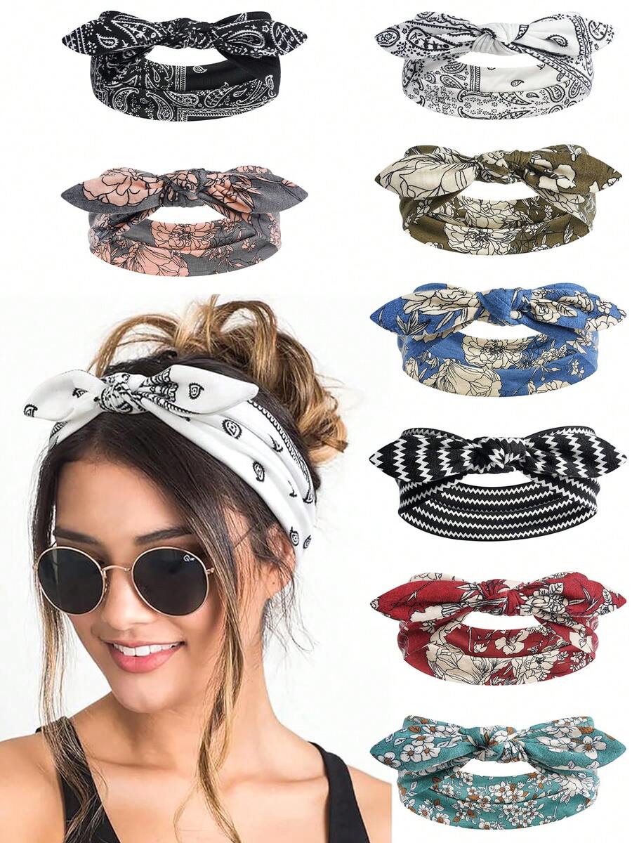1件装女士佩斯利花纹条纹蝴蝶结弹力运动发带，弹力兔耳休闲瑜伽户外跑步网球吸汗带，优雅发饰休闲头巾 - 彩色 - 查看 1