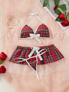 Role Play Student Uniform Set, Tempting Mesh Skirt, Cute Backless Tie Bikini Sexy Lingerie 3 PiecesValentine's Day Sleepwear