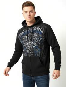 Y2K Skeleton Zipper Hooded 90s Retro Pattern Printed Zipper Top Sweatshirt - màu đen - Xem 4