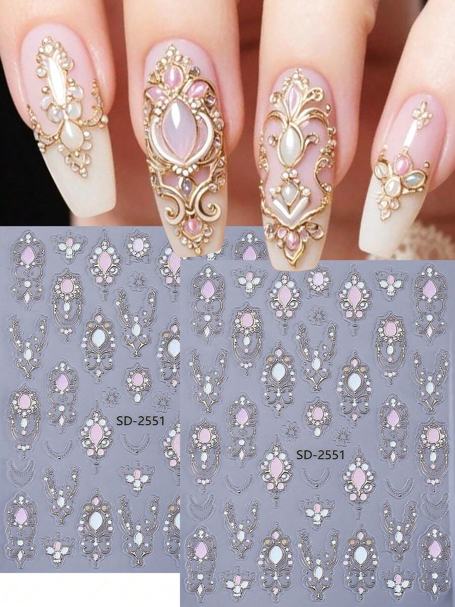 2 片轻奢波西米亚风 5D 浮雕美甲贴纸，粉色和蓝色宝石烫印图腾自粘美甲贴纸，指甲油贴纸滑块 DIY 优雅美甲用品，女士和女孩节日礼物 - 彩色 - 查看 1