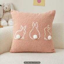 刺绣兔子装饰抱枕套，带可爱兔子屁股毛球，沙发靠垫套 - 粉色 - 查看 7