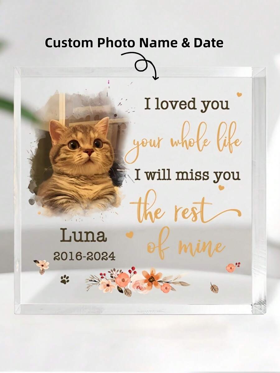 1Pc Personalized Acrylic Square Pet Memorial Plaque - Forever Loved Cat Remembrance Keepsake With Angel Wing Design & Custom Name - Elegant Desk Decor For Cat Owners, Heartwarming Illustration - Multicolor - View 1