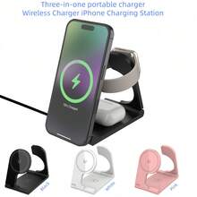 15W 3-In-1 Wireless Charging Stand, Fast Charging Dock Compatible With IPhone 17/16/15/14/13/12/11/Pro/Max/XS/XR/X/8/Plus, 11/10/9/8/7/6/5/4/3/2/SE/Ultra And Series 3/2/1/Pro2/Pro3 - Black - View 2