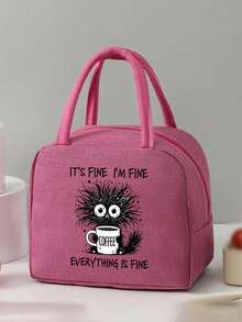 Thermal Bag, "It'S Fine I'm Fine Everything Is Fine" Graphic Print With Coffee Cup & Design ,Women'S Funny Coffee Lover ,With A Black Cutlery Storage Bag, A Double Pocket Lunch Box Bag, Large Capacity, Student Meal Insulated Refrigerated Bag - Multicolor - View 2
