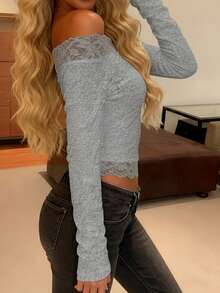 Áo nữ mùa hè WOWDARK, áo kiểu trễ vai tay dài màu xám viền ren, thích hợp cho tiệc sinh nhật, ngày Valentine, hẹn hò, du lịch, đi biển và các dịp khác vào mùa xuân. - Xám - Xem 5