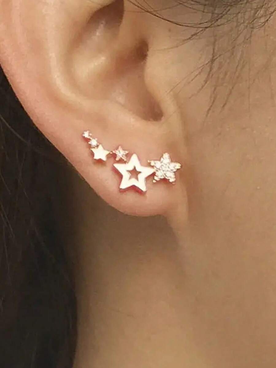 Women's Multi-Star Cluster Stud Earrings - Rose Gold Tone -Embellished Star Jewelry, Dainty Minimalist Design For Daily/Party Wear - Gold - View 1
