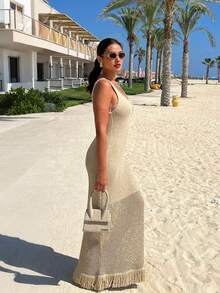 Women's Minimalist Elegant Knit Dress, Casual Chic Style, Spring/Summer - Camel - View 4