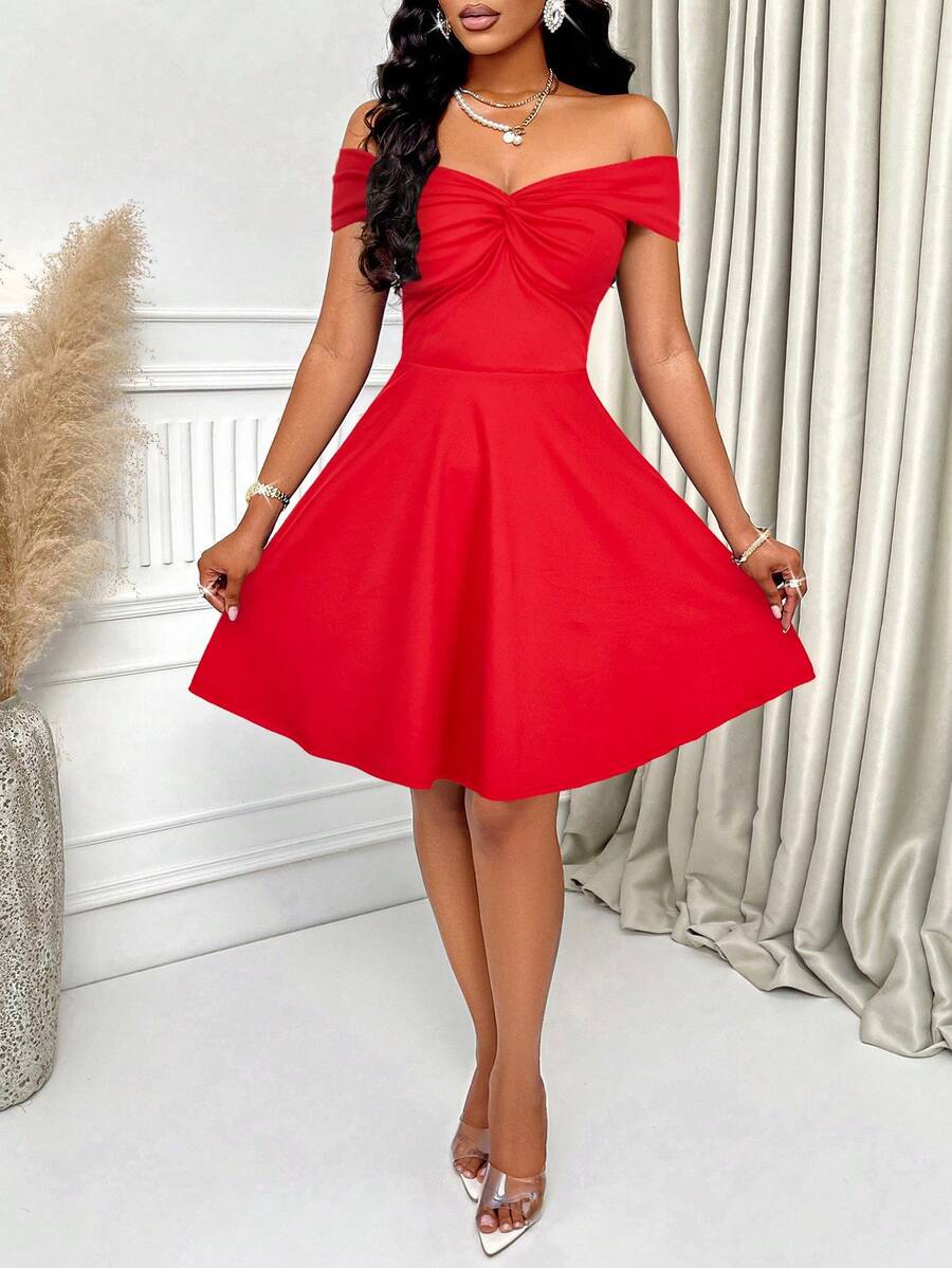 AIJ Đầm chữ A hở vai, lưng trần, đính sequin, màu trơn, gợi cảm của Amarilo dành cho nữ, thích hợp cho các bữa tiệc, sự kiện cocktail, Giáng sinh, Ngày Valentine và các dịp khác. - Màu Hoa hồng đỏ - Xem 1