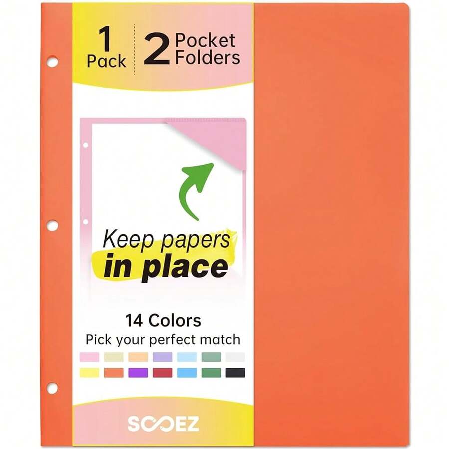 Sooez 2-Pocket Folders, Plastic Folders With Pockets 3 Hole Punched, 1 Pack Pockets Folder For 3 Ring Binder With Labels, Heavy Duty Binder Folder For Document, Letter Size File Folder,Orange - Orange - View 1