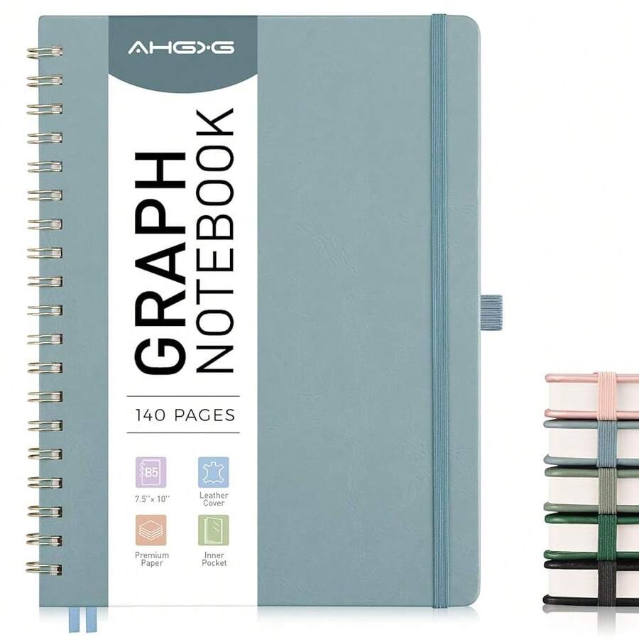 Graph Paper Notebook - Spiral Notebook Hardcover Leather Journal 140 Pages, B5 Large Grid Notebook 7.6\ X 10\, 100 Gsm Thick Paper, For Schoolsss Writing Graphing Engineering Math, GrayBlue - B5-graphB5Graph - View 1