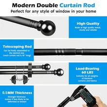 Juego de barra de cortina doble ajustable, longitud de 33 pulgadas a 156 pulgadas, kit de barra de cortina telescópica de metal dual, adecuado para ventanas, incluye soportes de barra, diámetro de 5/8 pulgadas. Ideal para cortinas opacas en el baño, dormitorio y sala de estar. - Negro - Ver 4