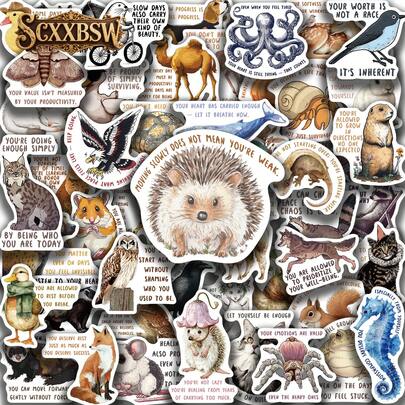  SCXXBSW 50张中世纪动物语录贴纸，酷炫动漫贴纸，装饰贴纸，防水，经典礼品装饰，超值装，可爱卡通贴纸，防水手机壳装饰。可用于笔记本电脑、手机、水瓶、摩托车、滑板、行李箱等，开启您的DIY创意之旅。万圣节和圣诞节送礼佳品。