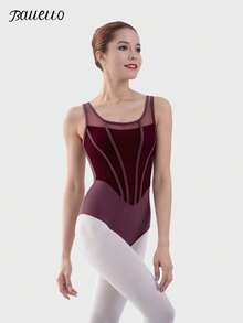 balletto Adult Gymnastics Leotard, High Cut Dancewear Tight Stretch Mesh Splice Fishbone Line Bodysuit For Women - Burgundy - View 3