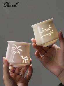 shoxil 1pc Palm Tree And Camel Pattern Coffee Cup, 170ml Saudi Style Ceramic Tea Cup, Hollowing Coconut Tree And Camel Arabic Mugs, For Home, Office, Cafe, Restaurant, Courtyard, Party, Gifts - Coffee Cup - View 1