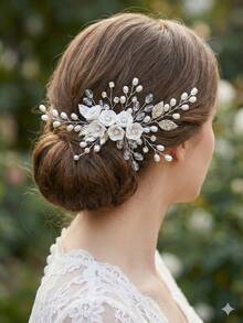1pc Bridal Wedding Hair Accessories, Floral Pearl & Crystal Hair Comb Clip For Bridesmaid Prom Party - Silver - View 3