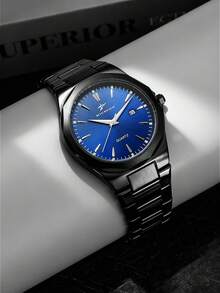 RICECGO 1pc Men's Black Wrist Watch With Stripe Markings, Business Date Quartz Watch, Gift For Party, Wedding, Beach, Valentine's Day - Black - View 13