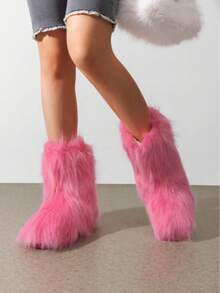 Women's Faux Fur Boot Furry Fluffy Round Toe Suede Winter Comfy Plush Warm Short Outdoor Indoor Flat Shoes Mid-Calf Boots Fashion Boots - Nâng cấp màu hồng - Xem 4