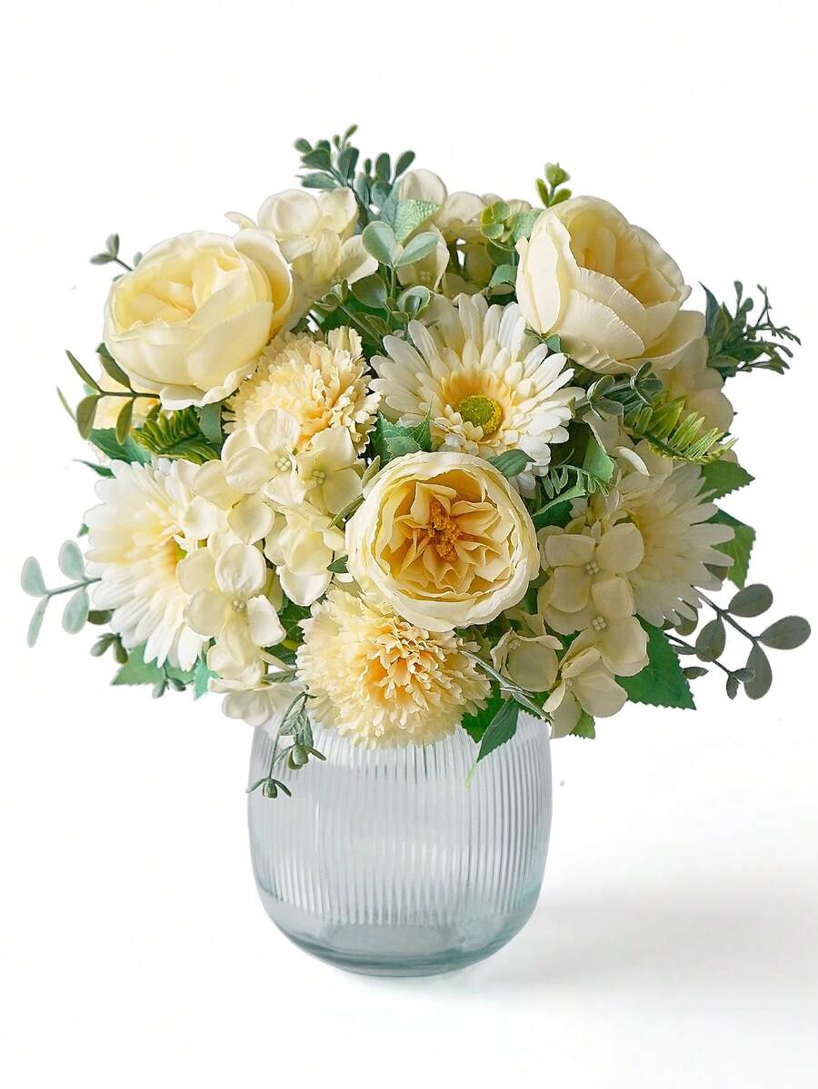 1 Bunch Artificial Flowers Silk Peony Daisy Carnation Bouquet Fake Peony Flowers Faux Flowers For Home Wedding Flower Arrangement Hotel Kitchen Table Decoration Centerpieces - Yellow - View 1