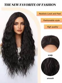 时尚女士长款波浪卷发假发 - 黑棕色 Kanekalon 高温丝，可调节帽型假发，适合所有肤色，浓密卷发，无蕾丝高温丝全头假发，适合日常佩戴 - 黑棕色 - 查看 3