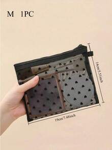Heart Print Pattern Mesh Cosmetic Bag, Portable Makeup Bag Large Capacity Makeup Organizer Bag, Coin Purse Toiletry Bag Travel Portable Storage Bag, Small Hollow Mesh Cosmetic Bag Women - Black - View 15