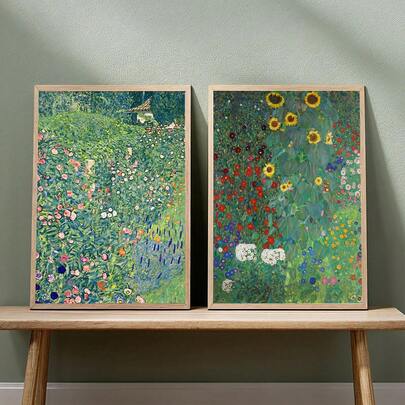 2幅古斯塔夫·克里姆特《意大利花园风景》版画，新艺术风格Giclée艺术微喷海报，花卉墙画，帆布艺术墙画，房间海报，家居装饰，房间装饰品，卧室，厨房，客厅，走廊装饰，可选画框