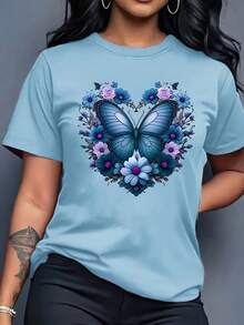 Women's T-Shirt, Elegant Style With Purple Butterfly Flower Cluster And Heart Print, Fresh And Eye-Catching, Suitable For Daily Wear, Loose Fit That Suits Various Body Types, Comfortable And Versatile Fabric. - màu xanh nhạt - Xem 2