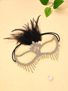 银色羽毛水晶流苏面具，奢华水晶面部装饰，威尼斯化装舞会女士面具 - 金黑 - 查看 4
