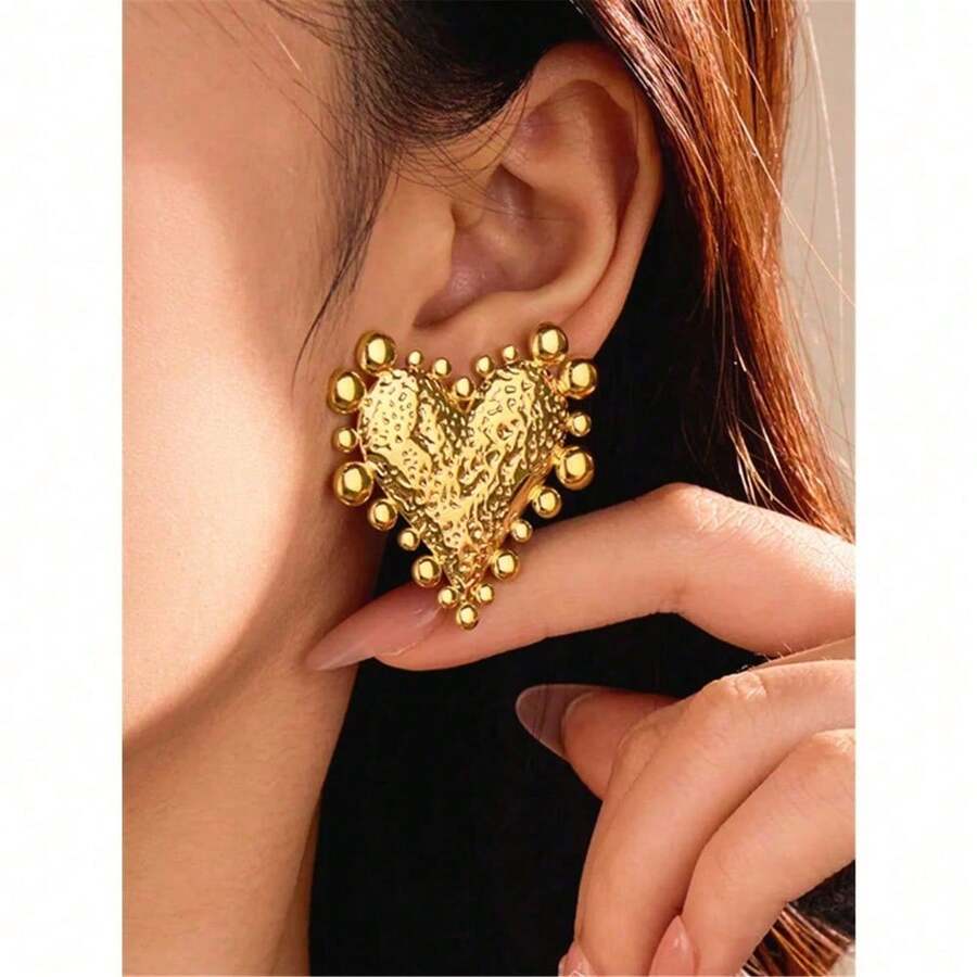 1 Pair Vintage Metal Heart Shaped Stud Earrings, Suitable For Women Everyday Jewelry Wear - 金色 - 查看 1