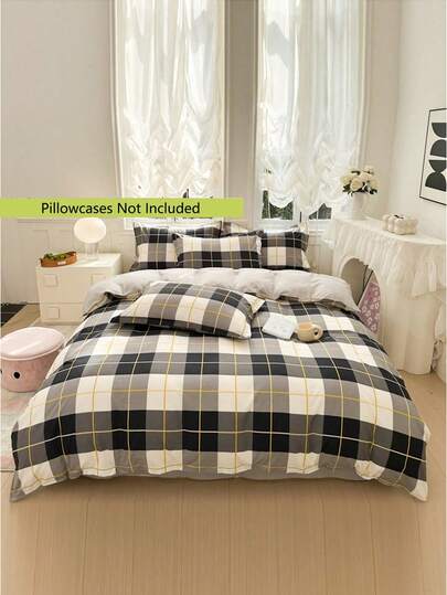 1pc New Simple Dark Gray Plaid Skin-Friendly Breathable Soft Brushed Duvet Cover, Moisture-Wicking, Soft Touch, Durable, Antibacterial, Warm, Suitable For Bedroom, Guest Room, Dorm, All-Season Use