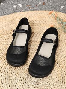 女士休闲凉鞋，春秋季沙滩风户外鞋，搭扣设计，纯色网面，轻便柔软鞋底，舒适玛丽珍鞋，防滑圆头低帮休闲凉鞋，适合户外活动和海滩穿着 - 黑色 - 查看 6