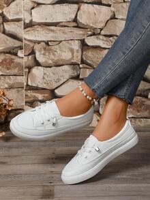 Vielseitige weiße Sneaker, flache Studentenschuhe, niedriger Schaft nicht ermüdend, Slip-On Lässig Sportschuhe, Schnürsportschuhe mit Metalloesen, geeignet für Zuhause, Gym, Büro, Party, Hochzeit, alle Jahreszeiten - Weiss - Übersicht 7