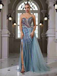 Striped Sequins Pattern Beaded Sequin Embroidered Elegant Sexy Off Shoulder Bodycon Mermaid Maxi Dress, Suitable For Cocktail, Wedding, Formal Party Spring - Blue - View 2