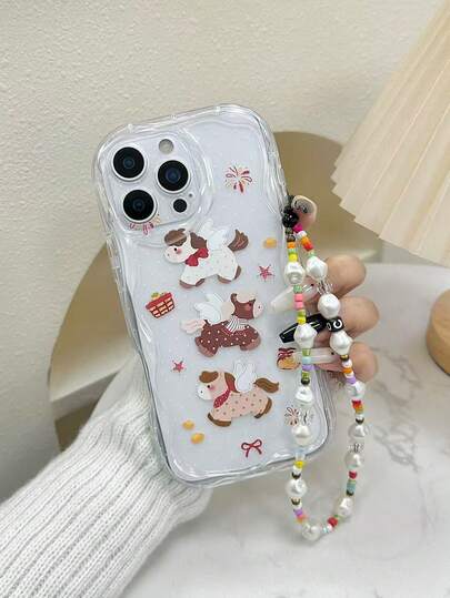 Animal Pony Cream Swirl Wave Edge Gloss Oil Painting Anti-Drop Phone Case Protective Cover With Beaded Bracelet Accessory, Compatible With IPhone 17pro/17Air /17/17promax16/11/16pro/16plus/16promax/16e/15Promax, Galaxy S25/S25PLUS/S25 Ultra/A16/A36/A26/A56/A50, 11/12Pro/12/12X/13Pro/14Pro/15Pro/X3pro/, Redmi 10/9/Note9/12c/Note11pro/Note8Pro/9C/9a