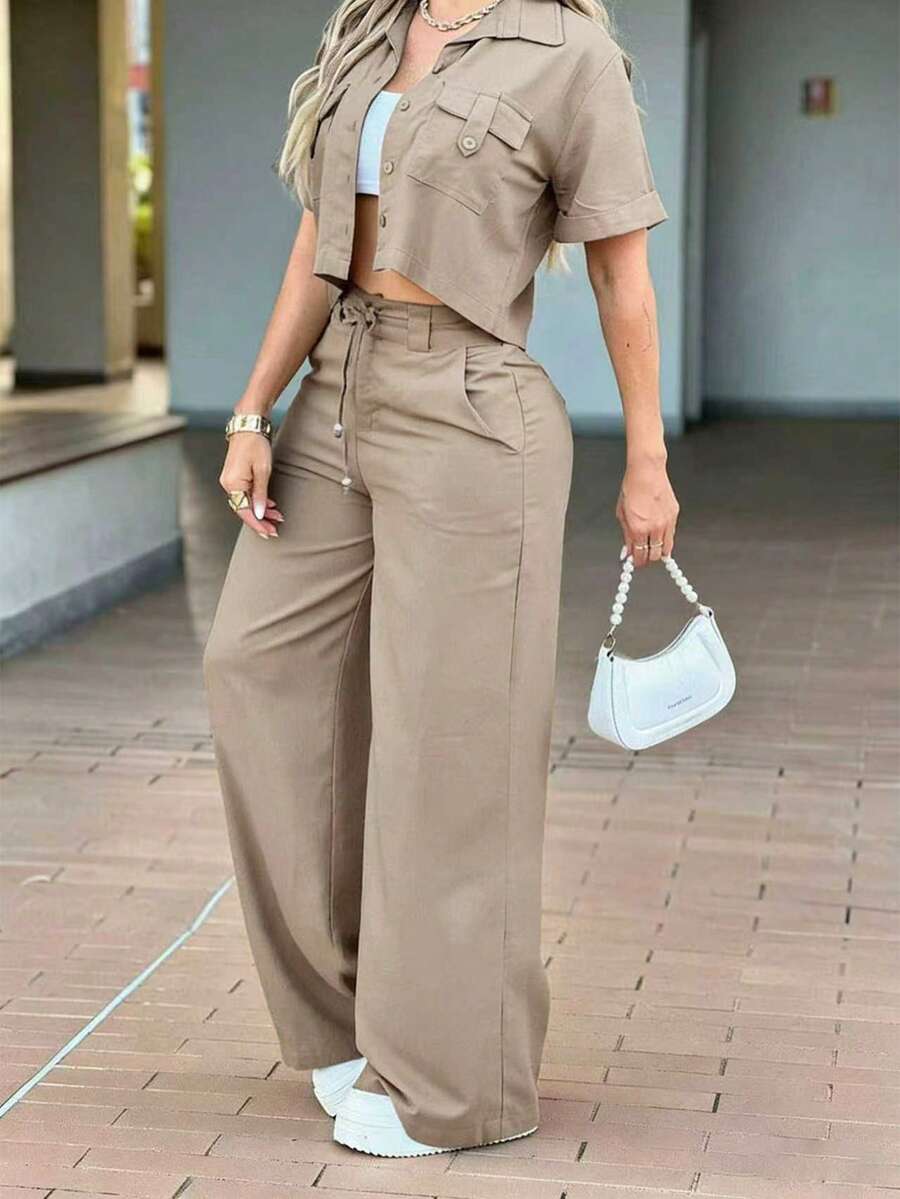 Two Pieces Set Spring/Summer Women's Fashion Solid-Color Casual Set Lapel Front-Button Pocket Short-Sleeve Top High-Waisted Button-Up Zipper Straight-Leg Pants Two Pieces Set Elegant - Khaki - View 1