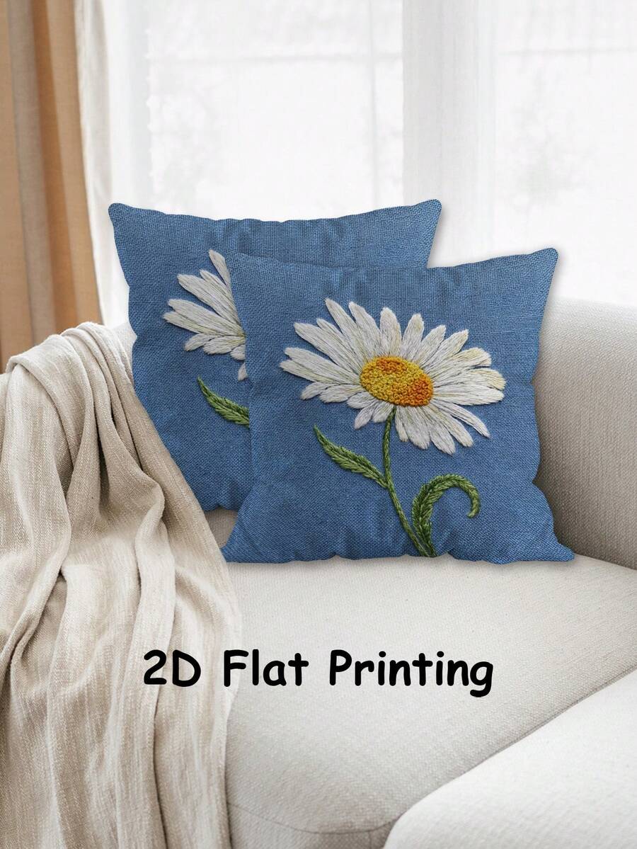 2Pcs Pillow Cover, Ultra Soft, Spring Themed, Faux 3D White Daisy Flower & Stem Pattern On Blue Base, 18x18 Inch, 45x45cm, Balcony Leisure Area, Spring Picnic Mat Matching, Study Leisure Chair Cushion, Accent Pillow Without Filling - Blue - View 1