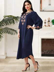 2026新款斋月传统优雅V领七分袖刺绣长袍女装