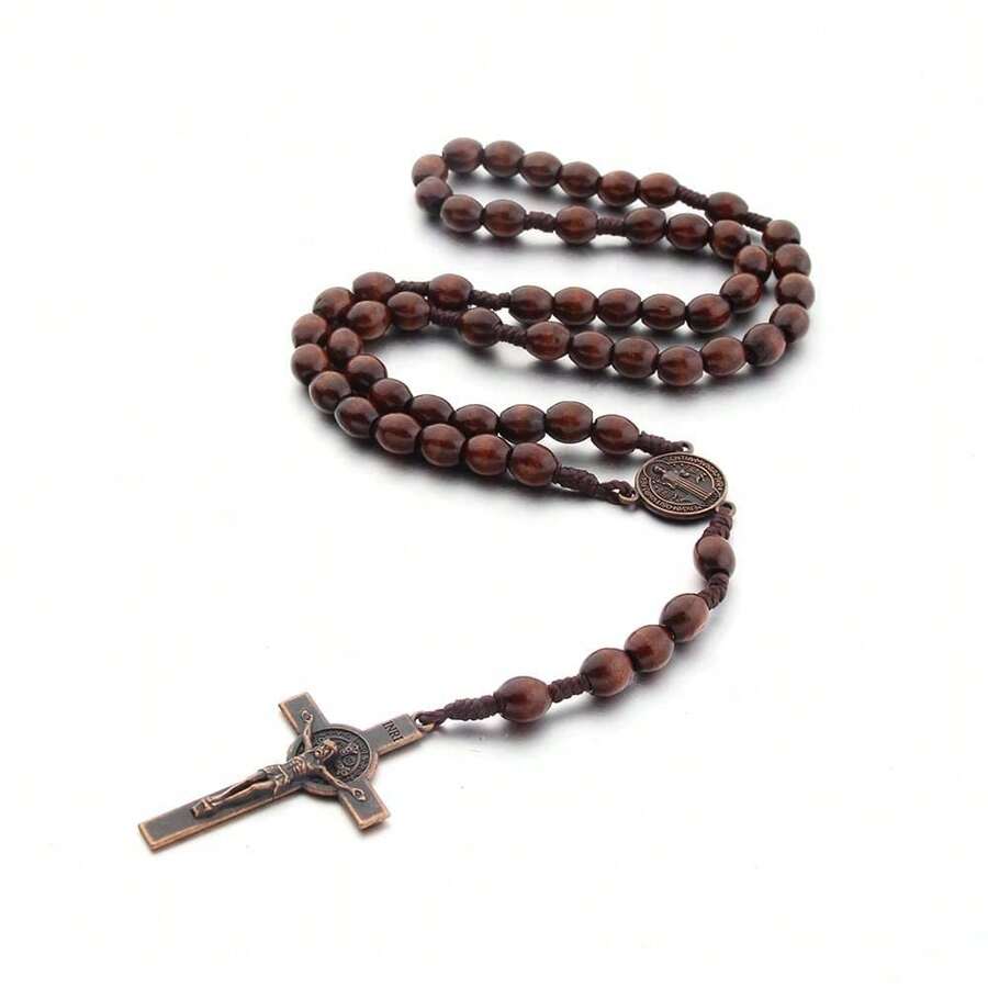 Rosary Beads Catholic For Women Handmade Wooden Catholic Rosay With Jes 1us Christ Crucifix Cross Real Healing Wooden Rosary Beads Yoga Meditation Prayer Bead Necklace - 棕色 - 查看 1