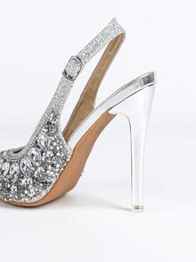 Silver Rhinestone Pointed Toe Stiletto High Heels For Women, Sparkling Elegant Ankle Strap Pumps, Luxury Party/Date/Work Occasion Shoes - Silver - View 9