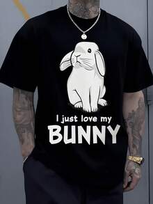 Cute Bunny Graphic Digital Printed T Shirt 220g 1Pcs Kawaii  Men's Casual Short Sleeve 100% Cotton Tee I Just Love My Bunny - Black - View 1
