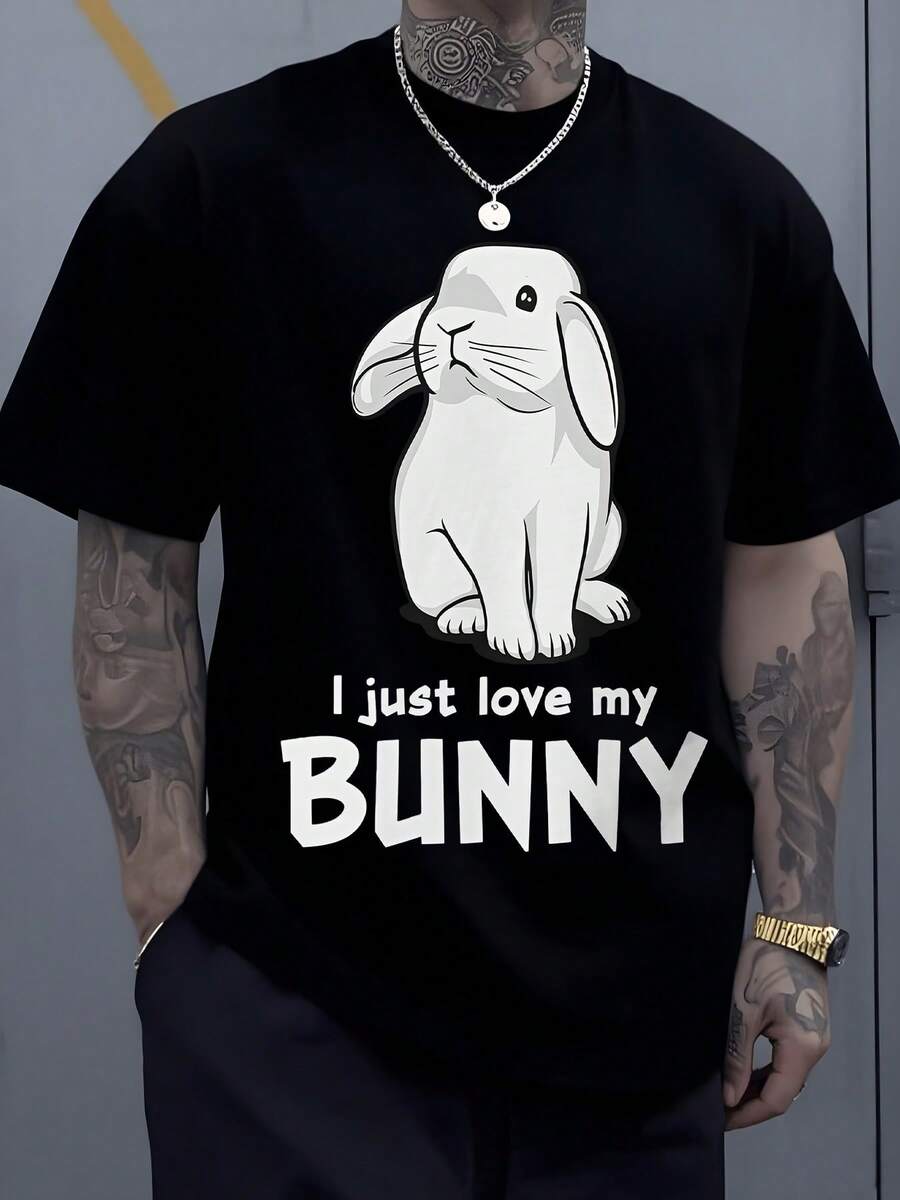 Cute Bunny Graphic Digital Printed T Shirt 220g 1Pcs Kawaii  Men's Casual Short Sleeve 100% Cotton Tee I Just Love My Bunny - Black - View 1